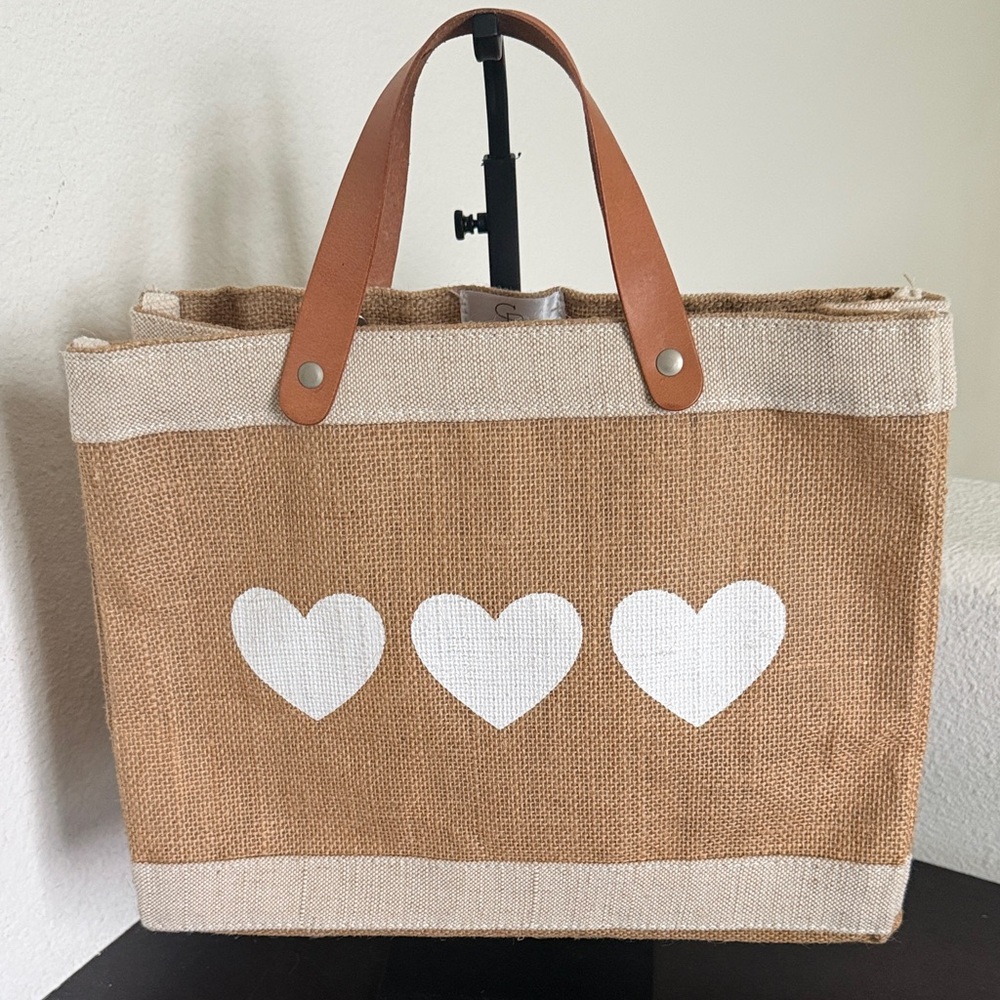 Beige Canvas Tote with White Heart Accents and Tan Handles